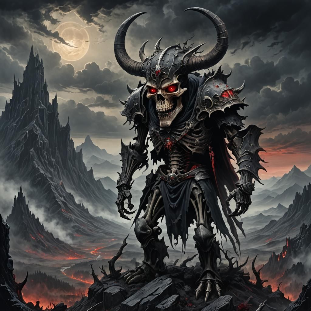 Towering Skeletal Warrior in Dark Fantasy Landscape