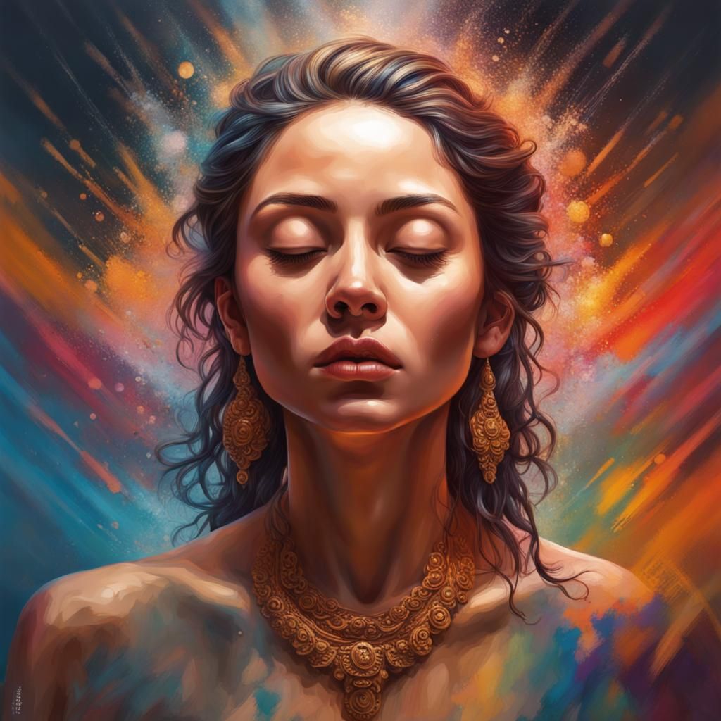 Powerful Meditation Woman in Hyperrealistic Splash Art