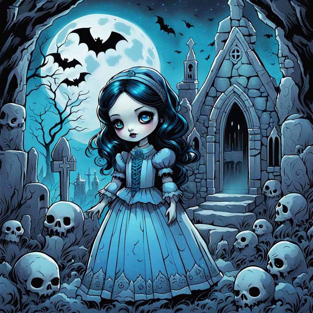 Cute Gothic Doll in Graveyard, Comic Book Style