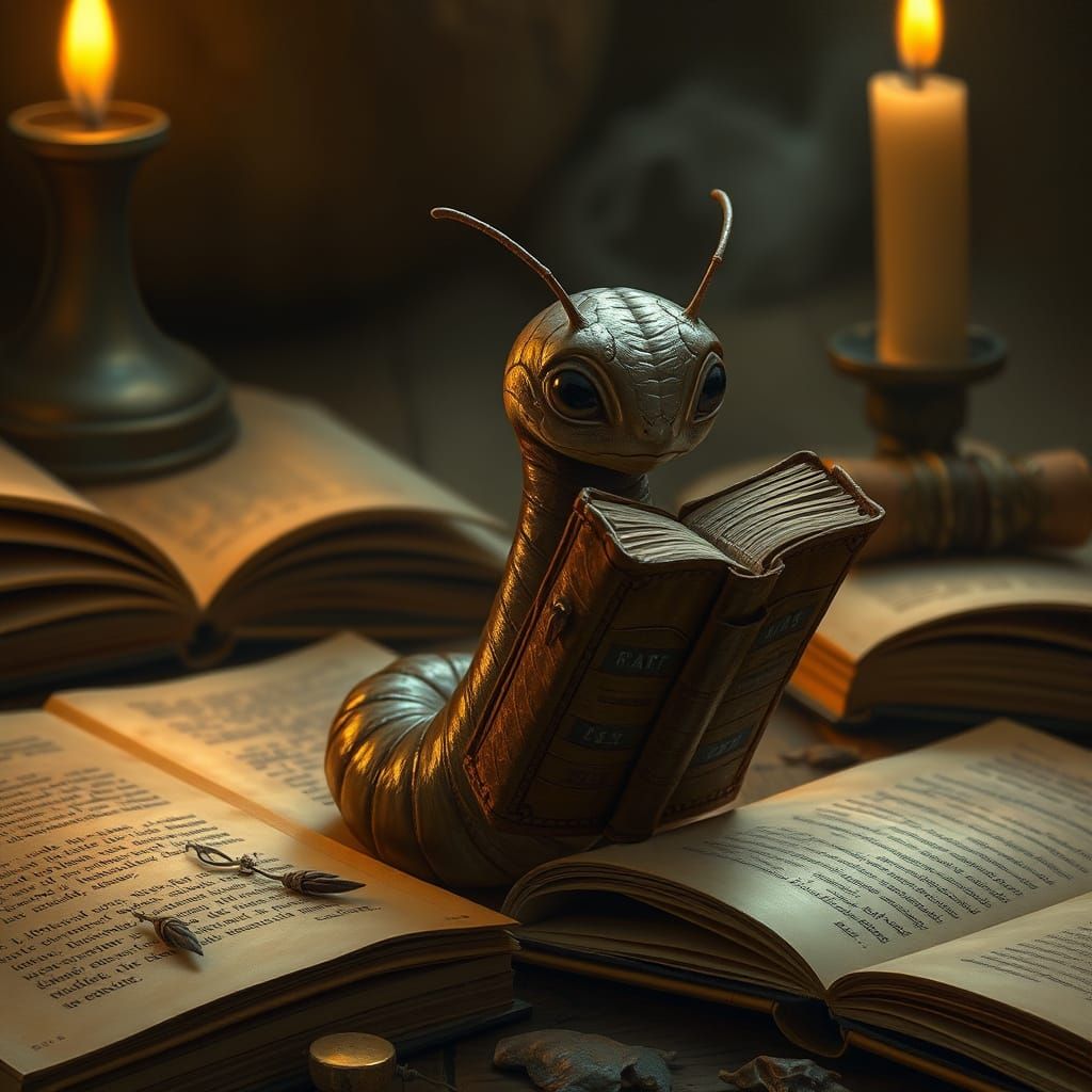 Worm Reads by Candlelight in Warm, Golden Style