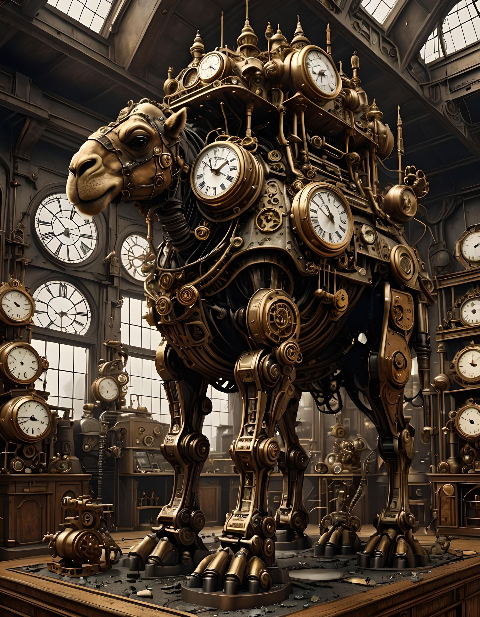 Steampunk Robot Camel Repairs Melting Clocks