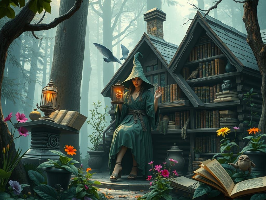 Cozy Herb Witch's Forest Sanctuary in Epic Digital Art