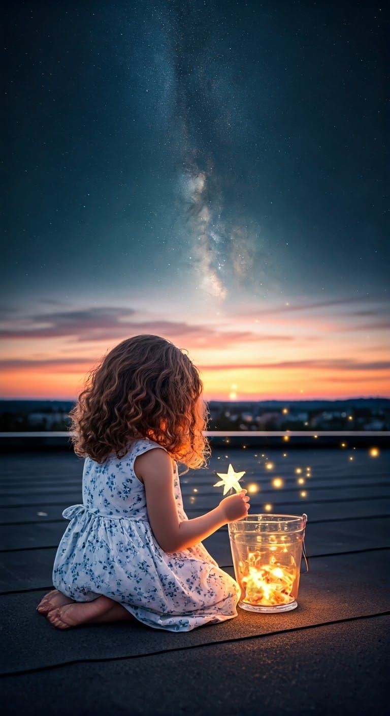 Dreamy Rooftop Scene with Whimsical Elements