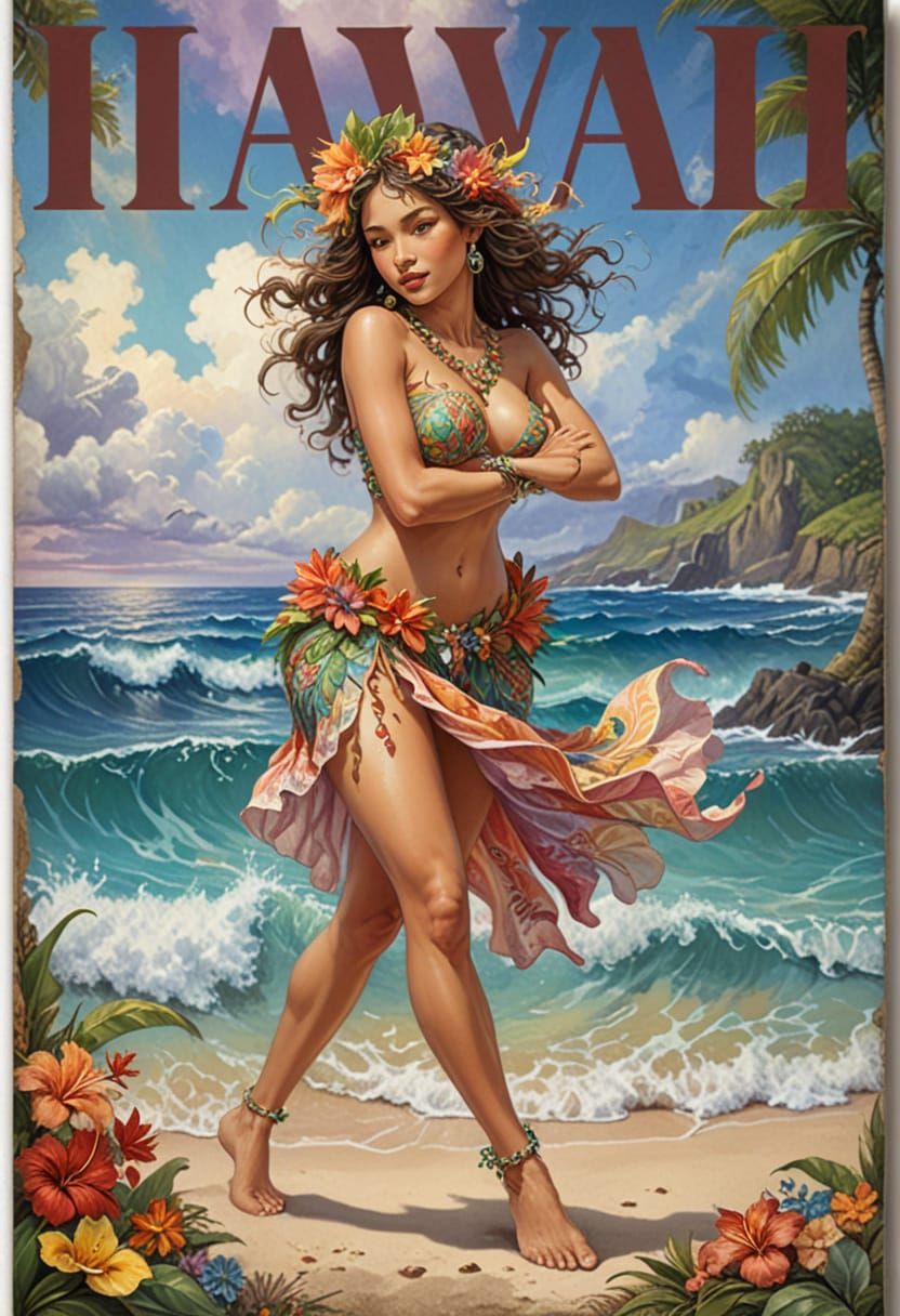 Hawaiian Woman on Beach, Maximalist Oil and Watercolor Art