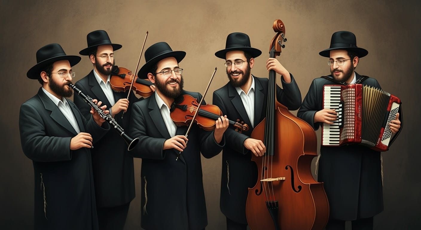 Joyful Hasidic Klezmer Band in Pastel Illustration