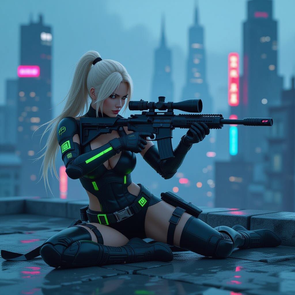 Cyberpunk Ninja Woman with Sniper Rifle