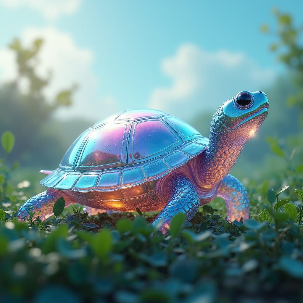 Iridescent Glass Turtle in Emerald Foliage