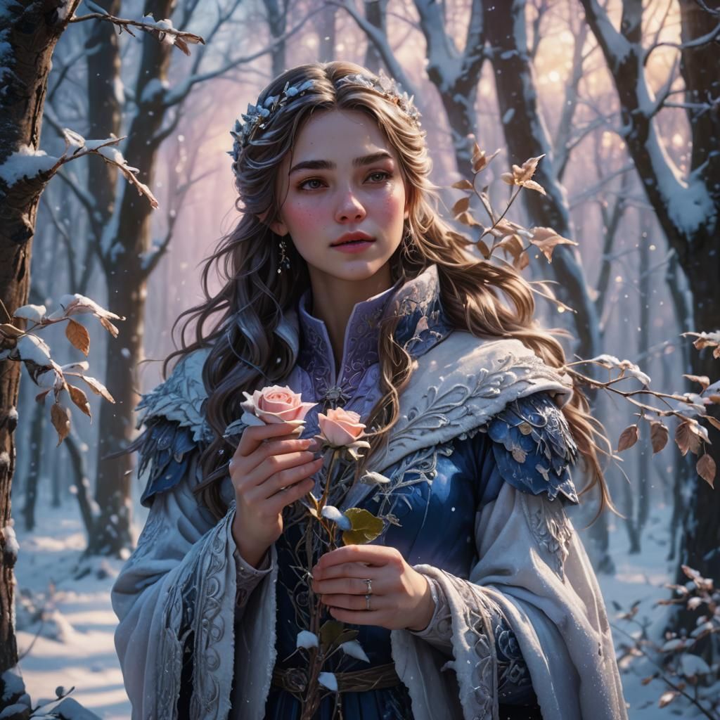 Winter Maiden and the Icy Rose in Mystical Forest
