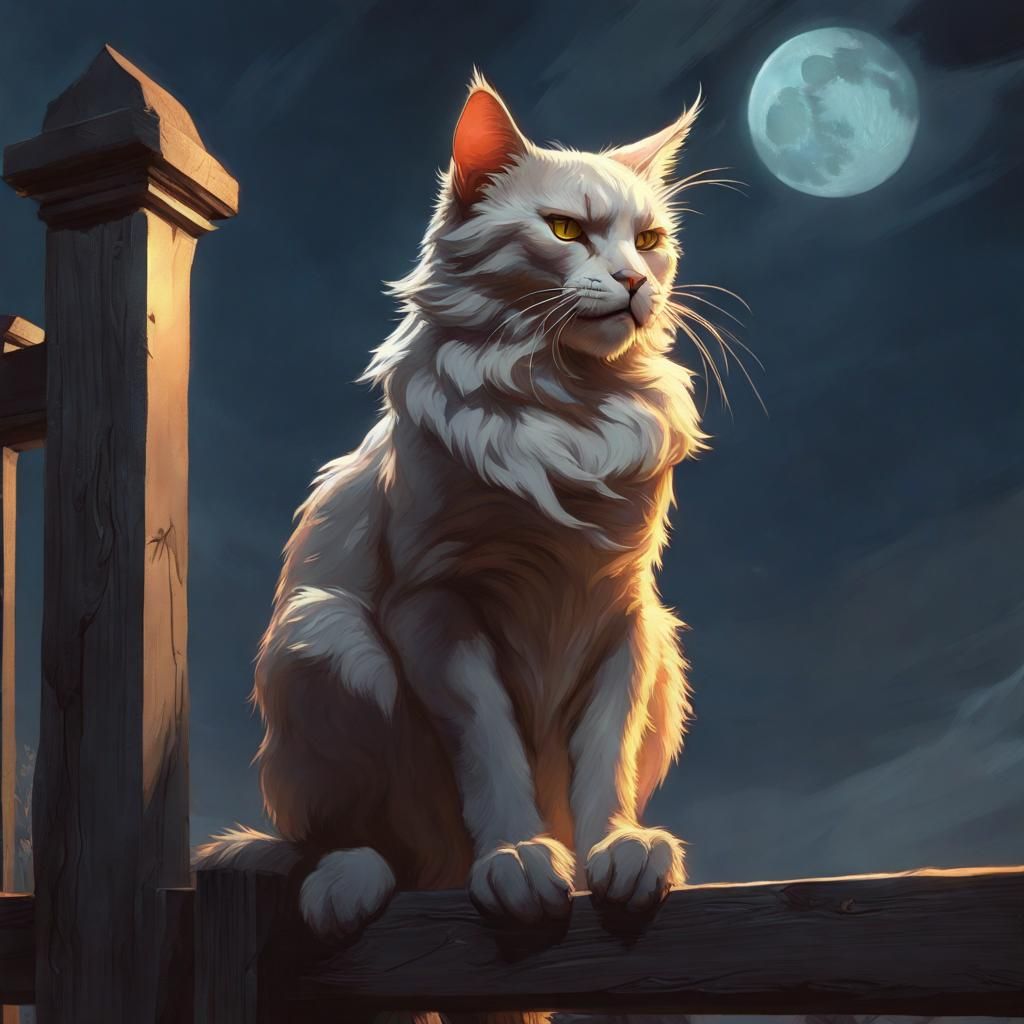 Mournful Cat Howling at Moon, Romantic Art