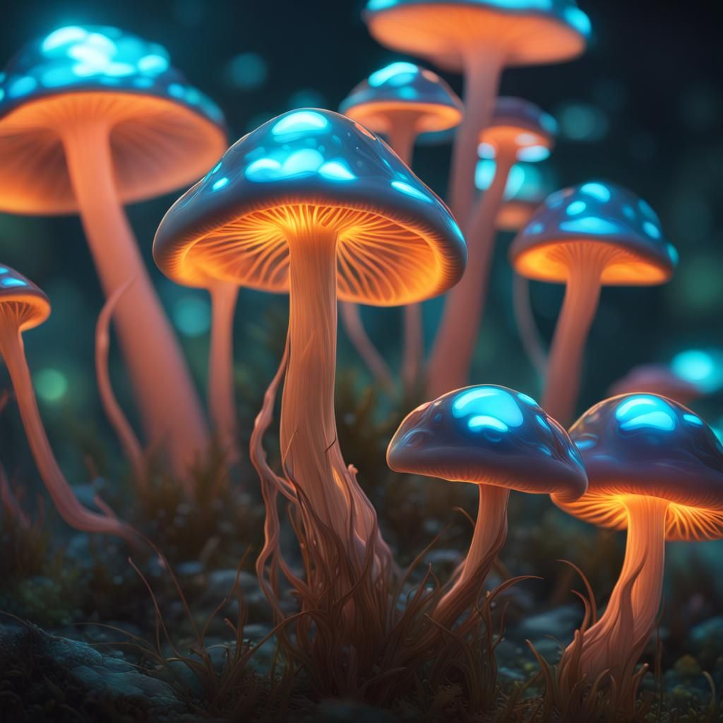 Bioluminescent Glass Mushrooms Portrait in Unreal Engine