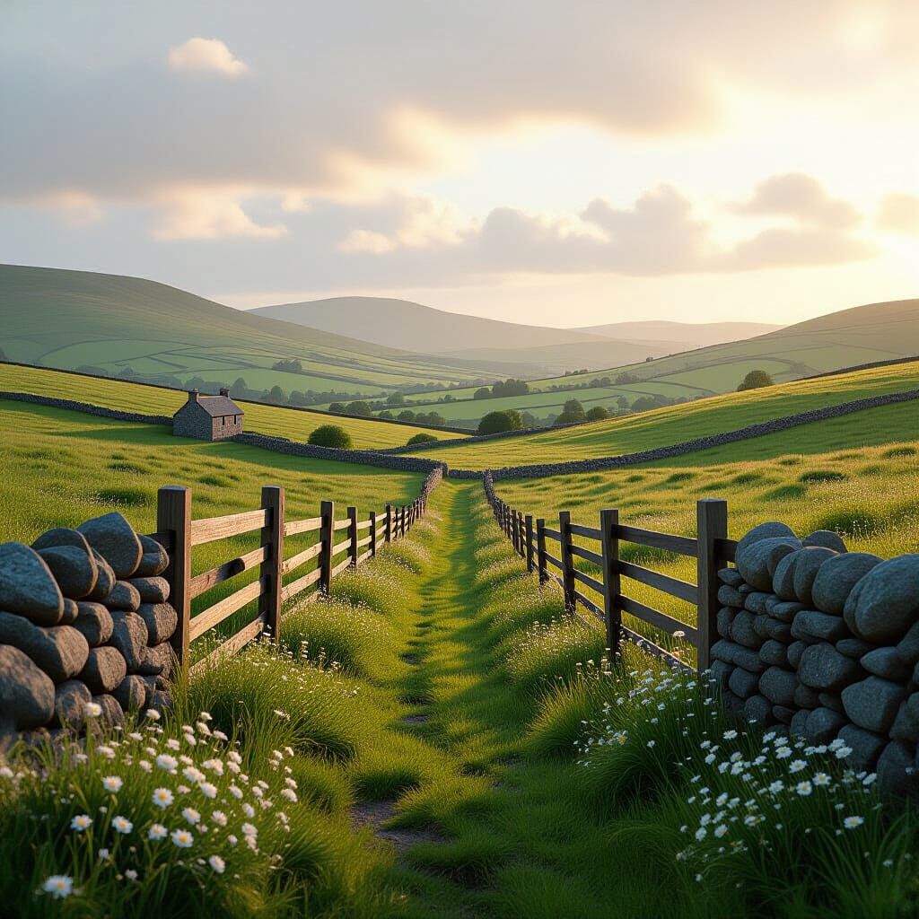 Photorealistic Irish Countryside with Emerald Hills