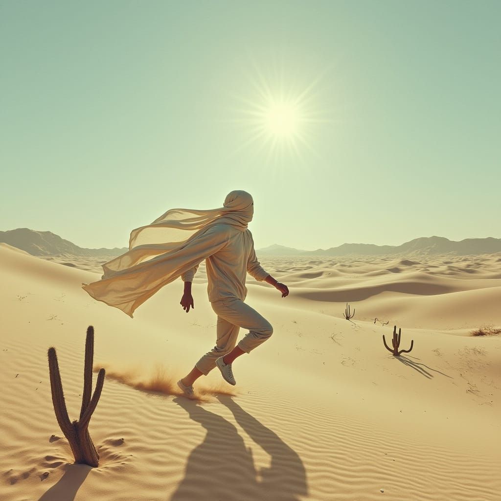 Vast Desert Landscape with Dunes and a Running Figure