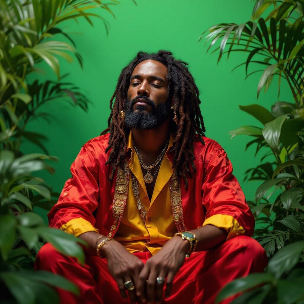 Reggae Singer Amidst Tropical Foliage in 70s Style