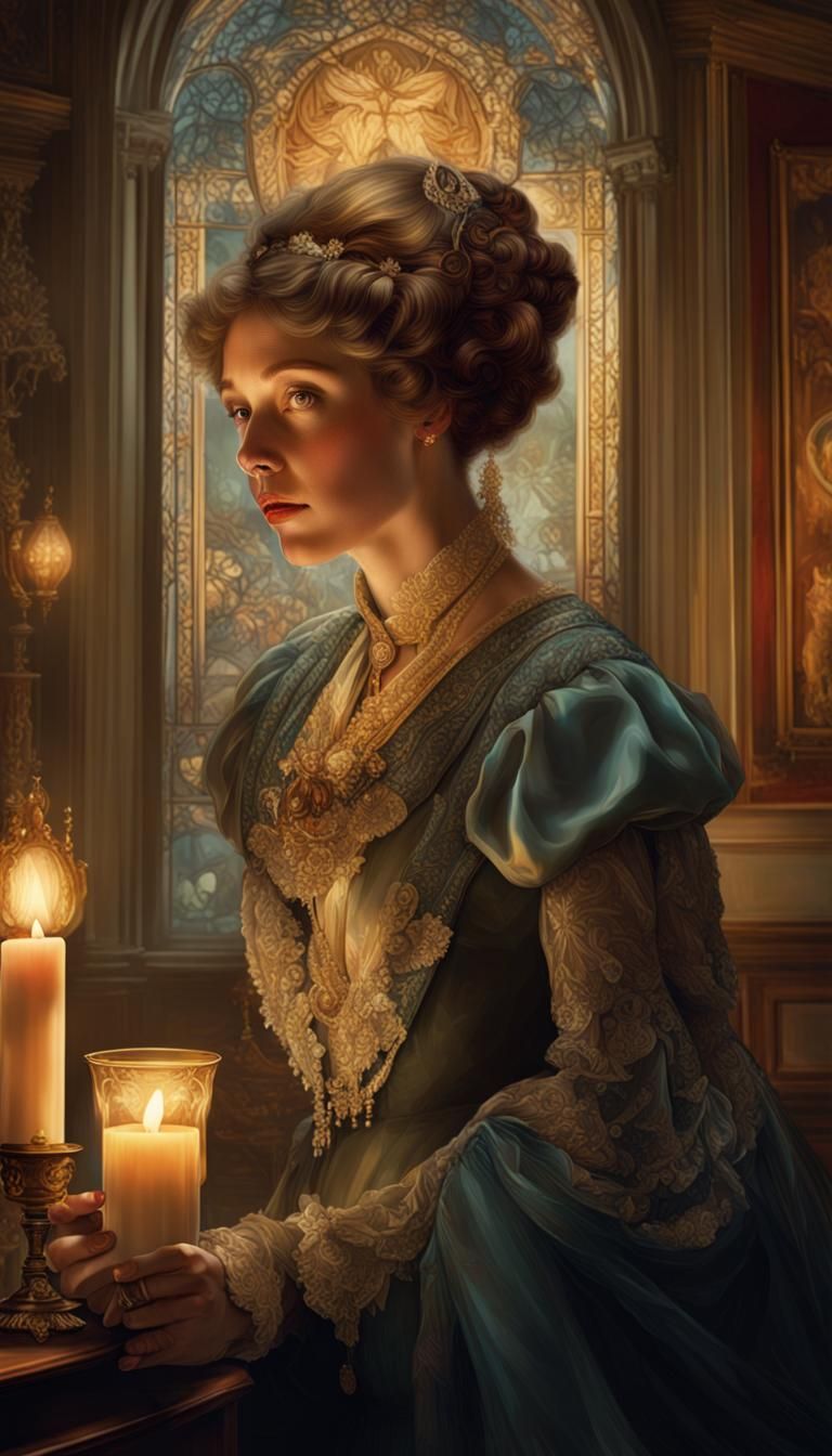 Elegant Edwardian Woman in Alphonse Mucha Style