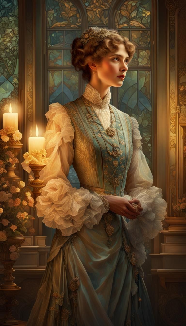 Beautiful Edwardian Woman in Candlelight, Alphonse Mucha Sty...