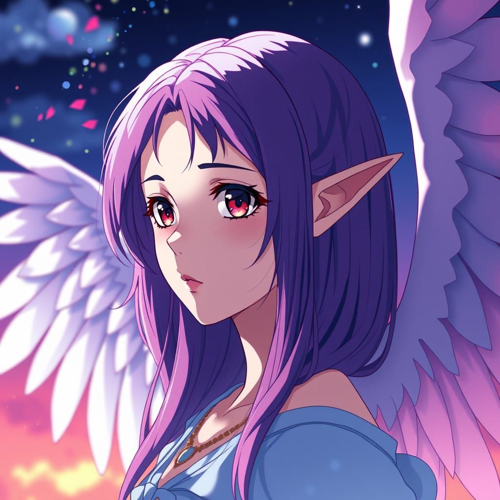 Anime-Inspired Angelic Beauty with Vibrant Purple Hair and W...