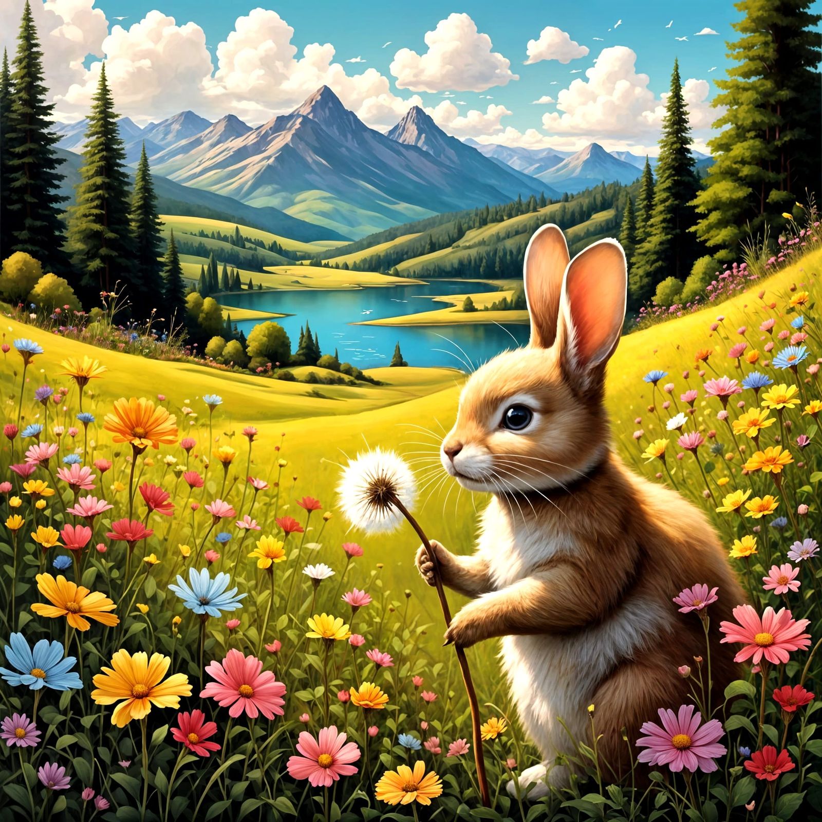 <lora:Catgirl1-F:1.0> Rabbit, Beautiful dandelion with seeds...
