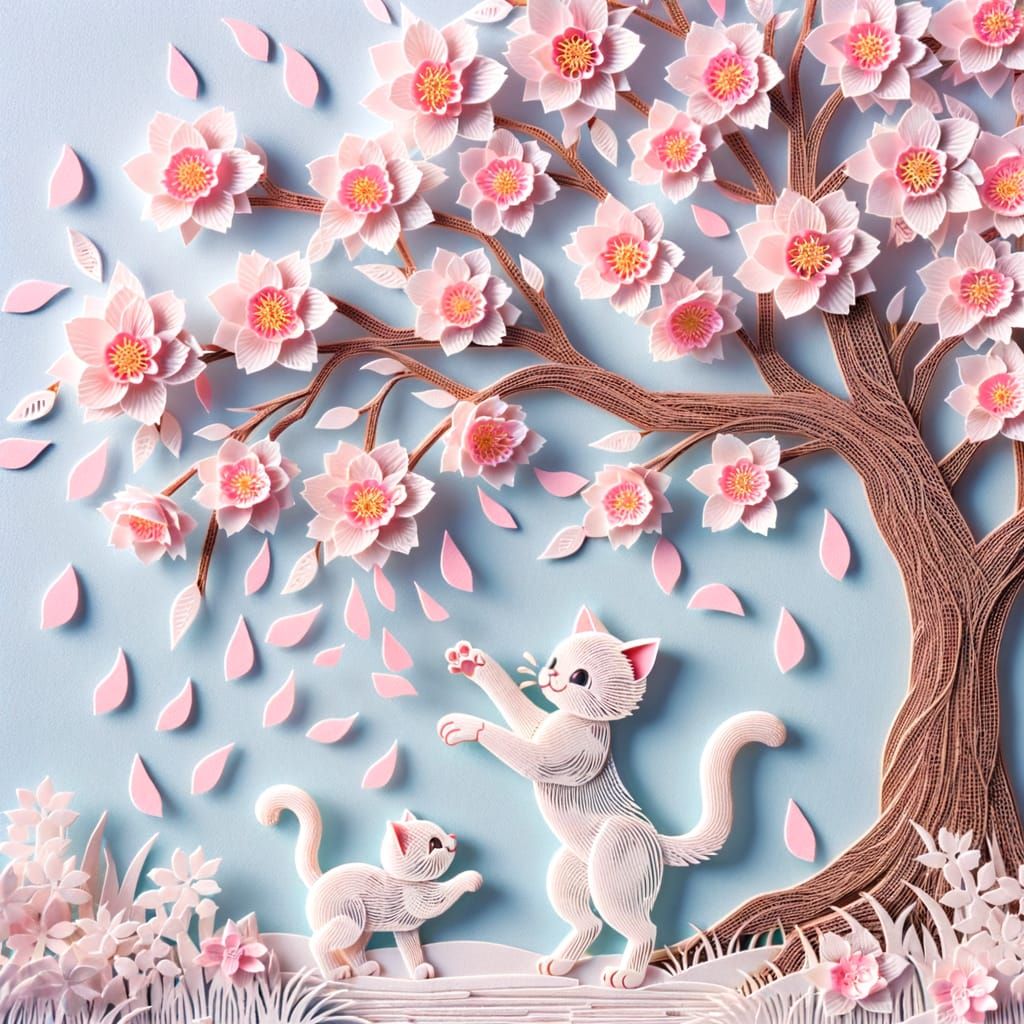 Kiri-e Image of Cat with Cherry Blossoms