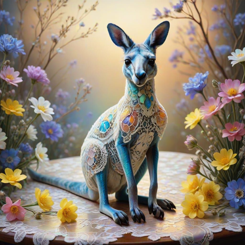 Opal Kangaroo Among Australian Flowers: Hyperrealistic Oil P...