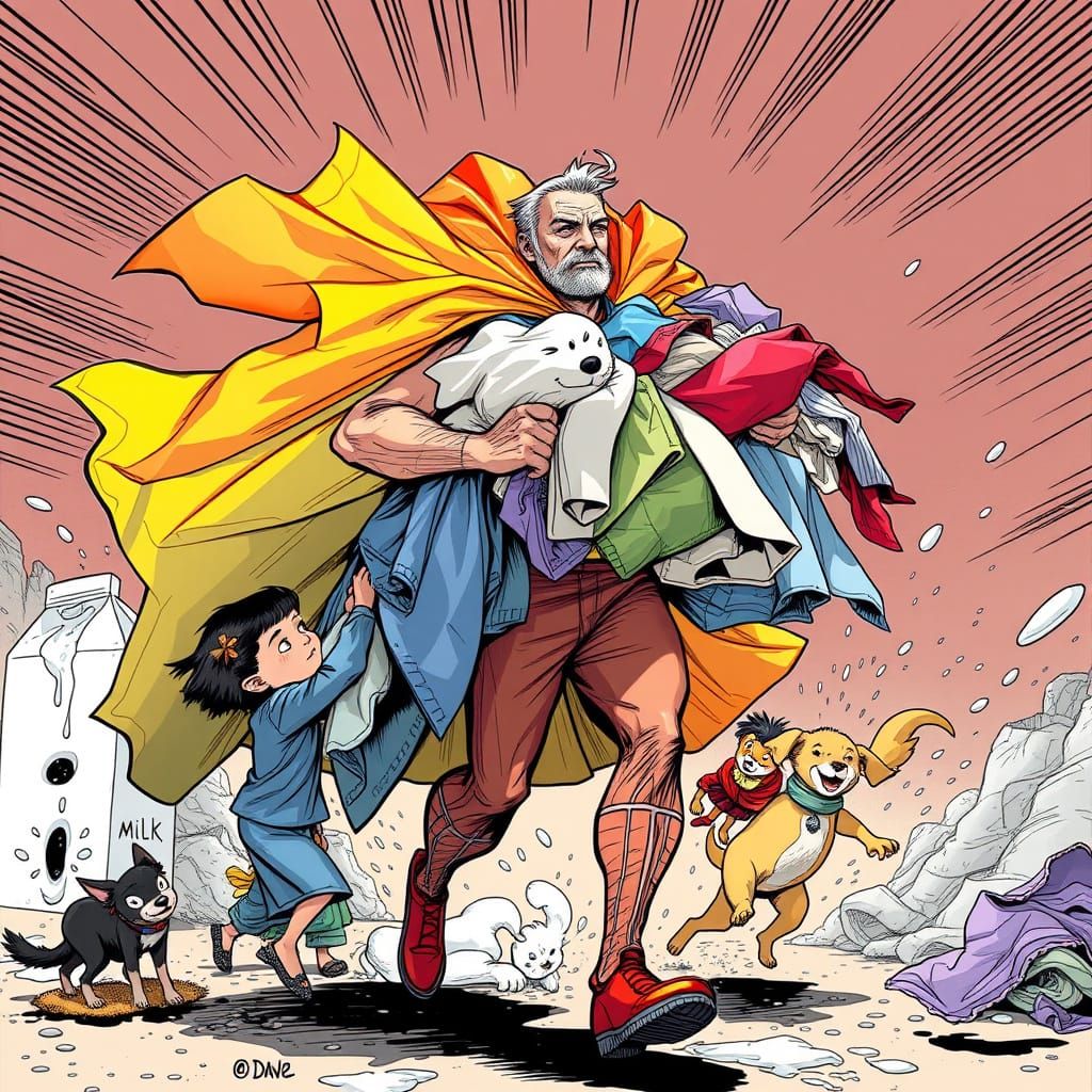 Superhero Dad Laundry Day in Comic Art Style