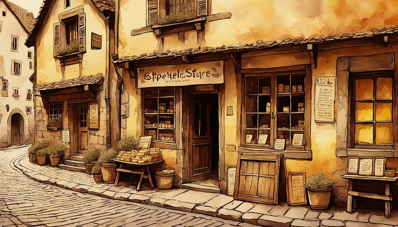 Cozy Medieval Street in Watercolor and Marker Style