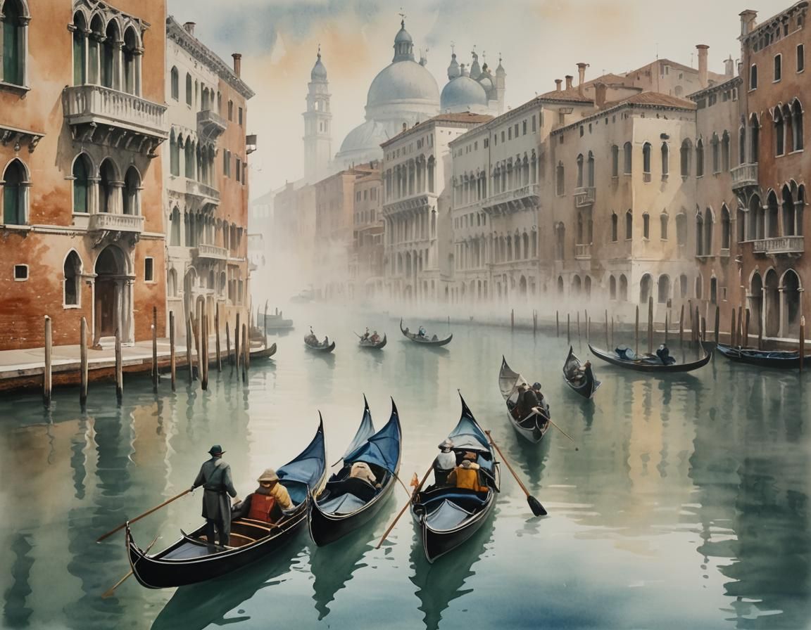 Venice Gondolas in Fog, Vintage Watercolor