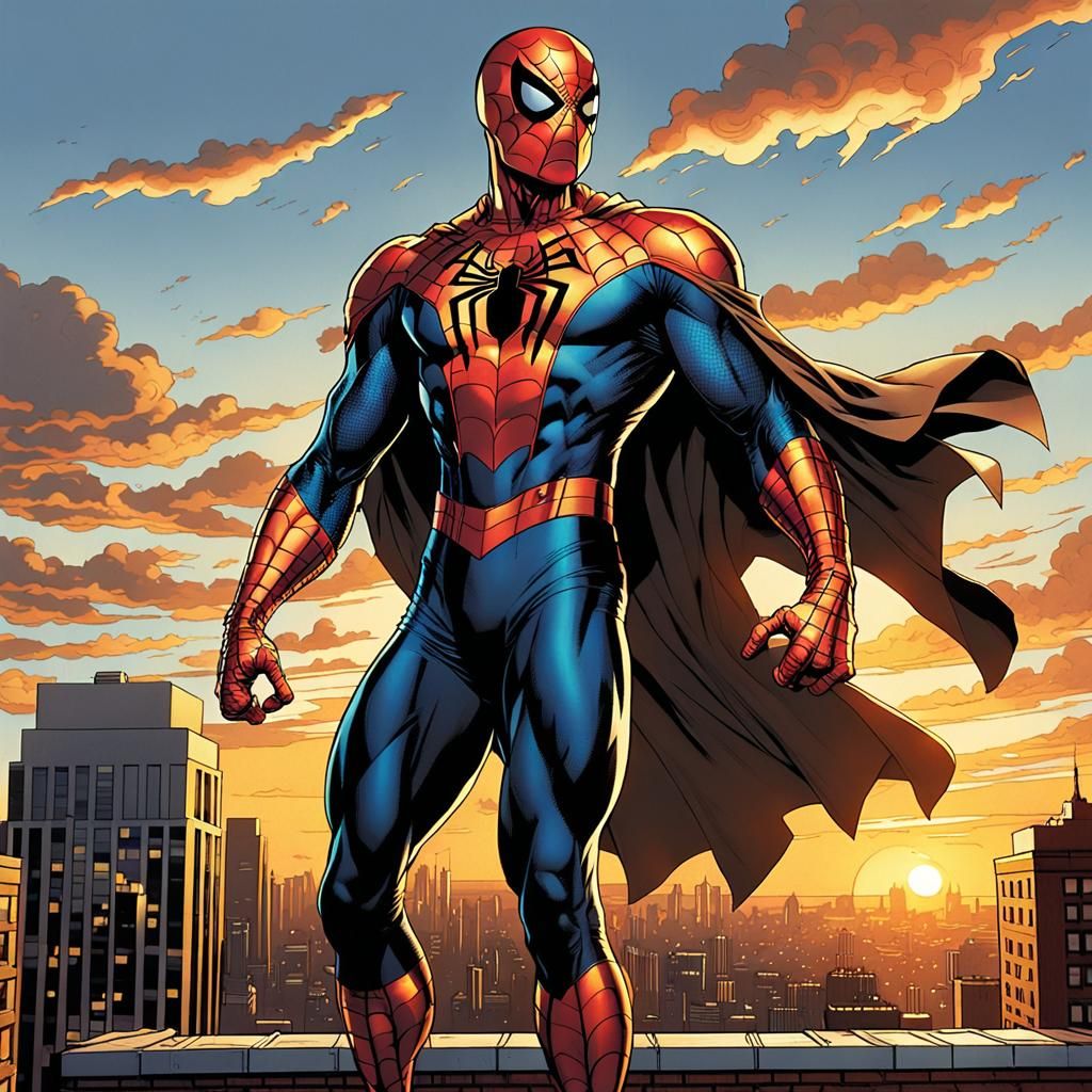 Spider-Man Comic Book Art on Rooftop at Sunset