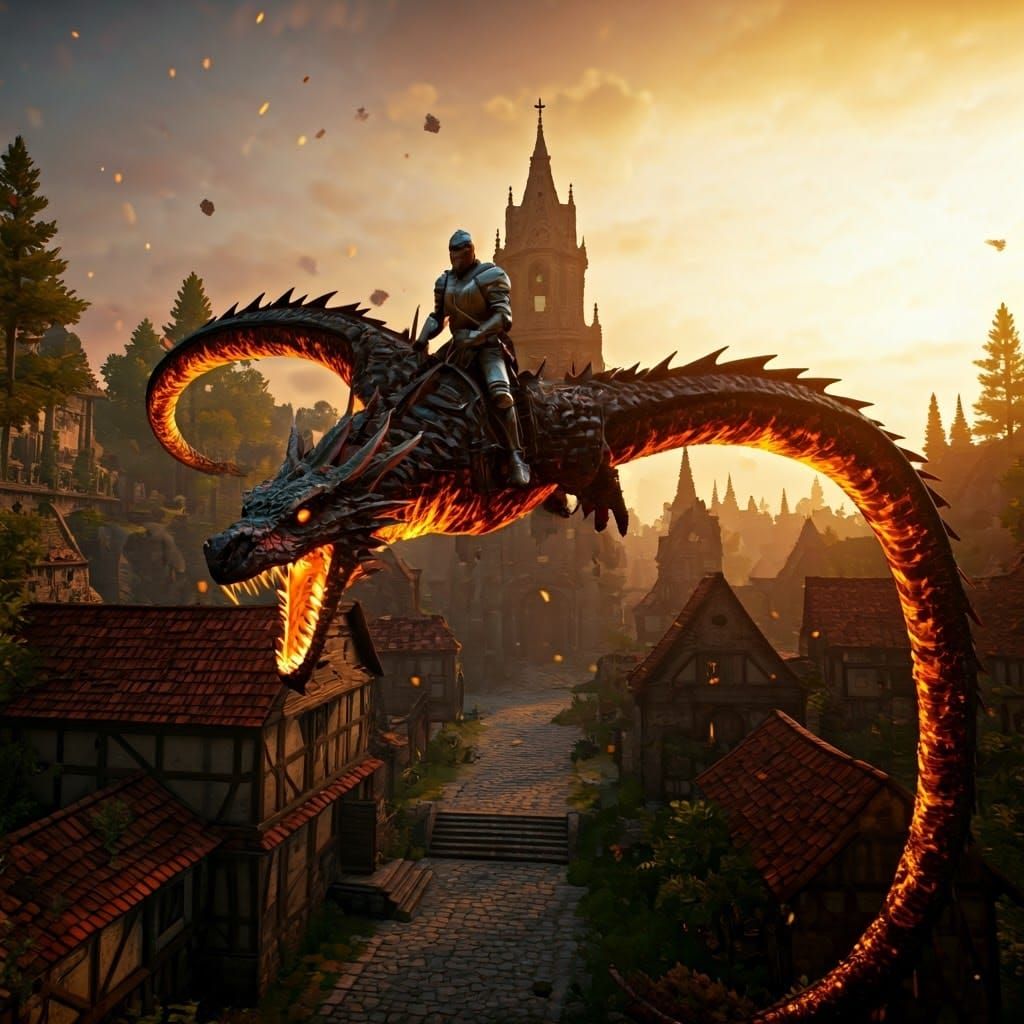 Knight Riding a Fiery Dragon Over Village