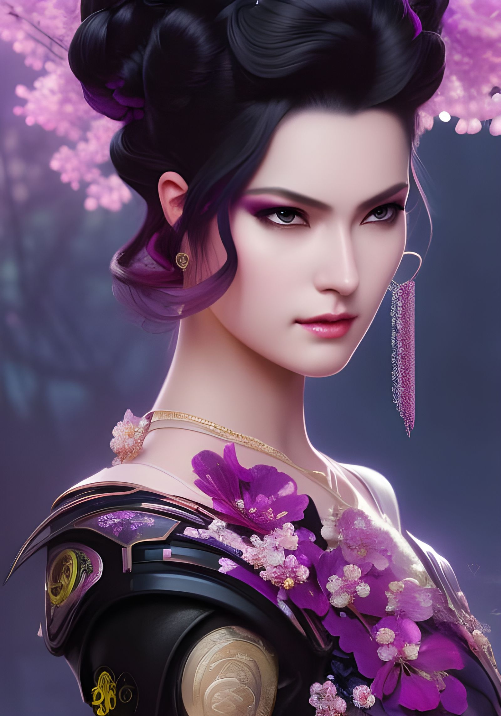 Neon Warrior Queen with Cherry Blossoms