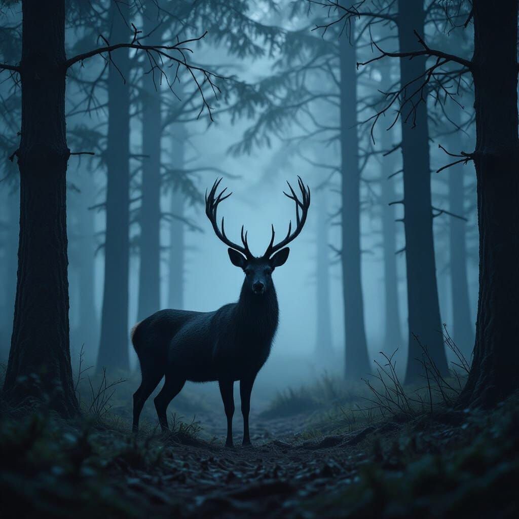 Mysterious Forest Scene with Eerie Deer