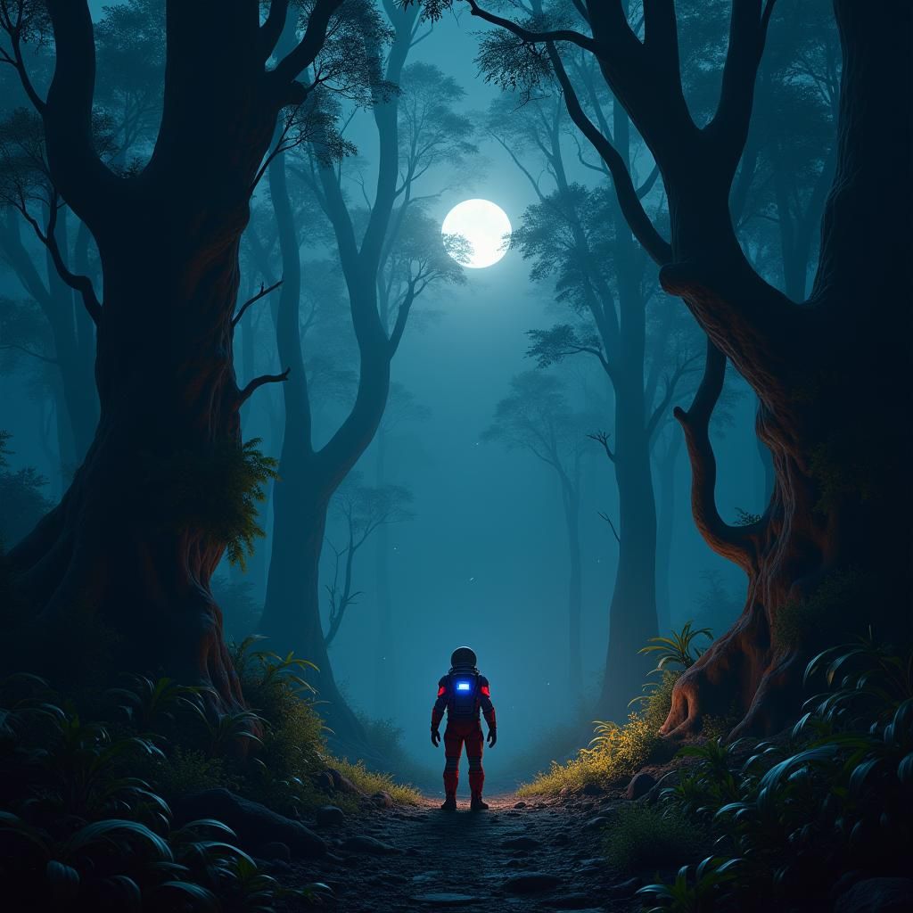 Astronaut in Misty Jungle, Sci-Fi Concept Art