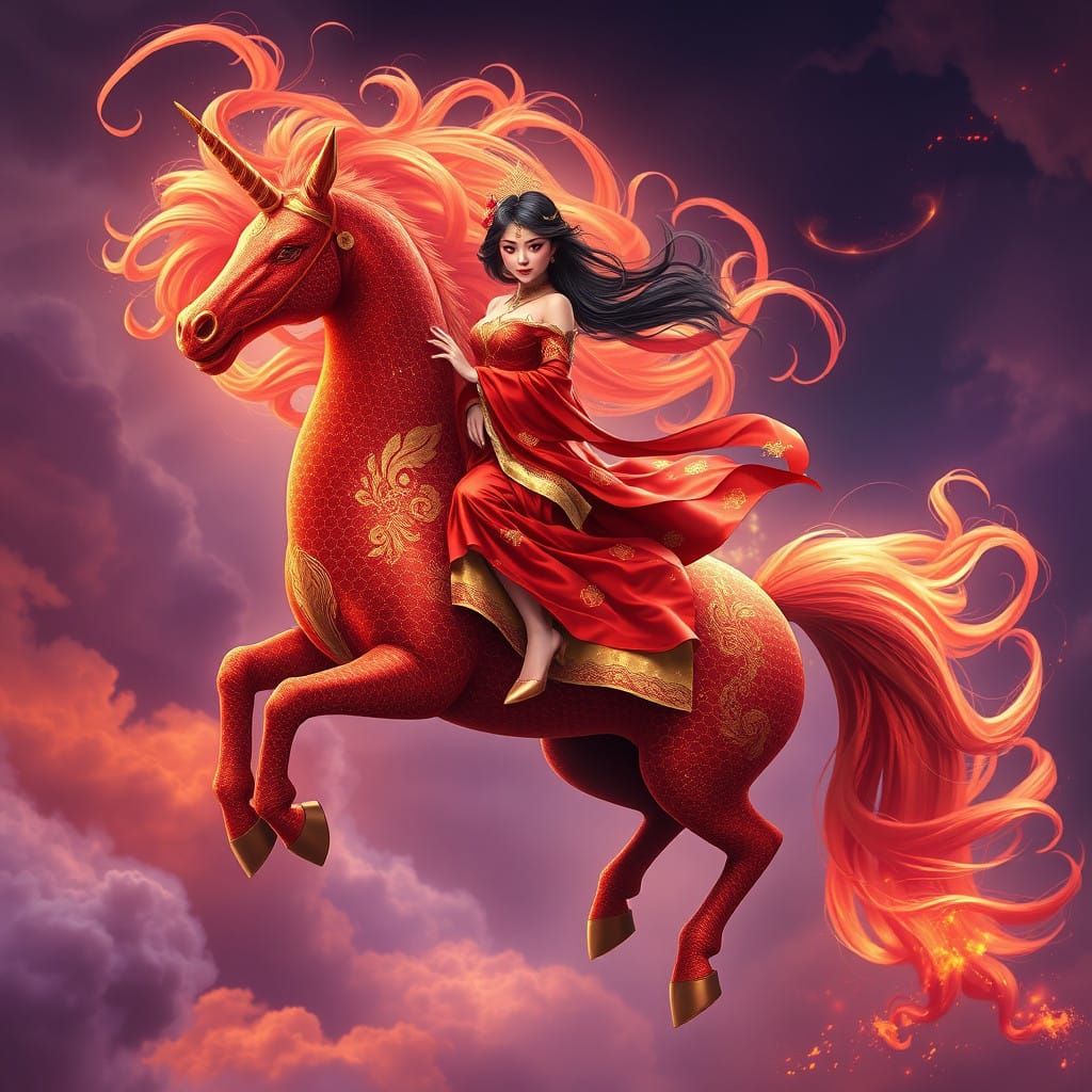 Majestic Kpop Goddess Rides Fire Unicorn Amidst Swirling Clo...