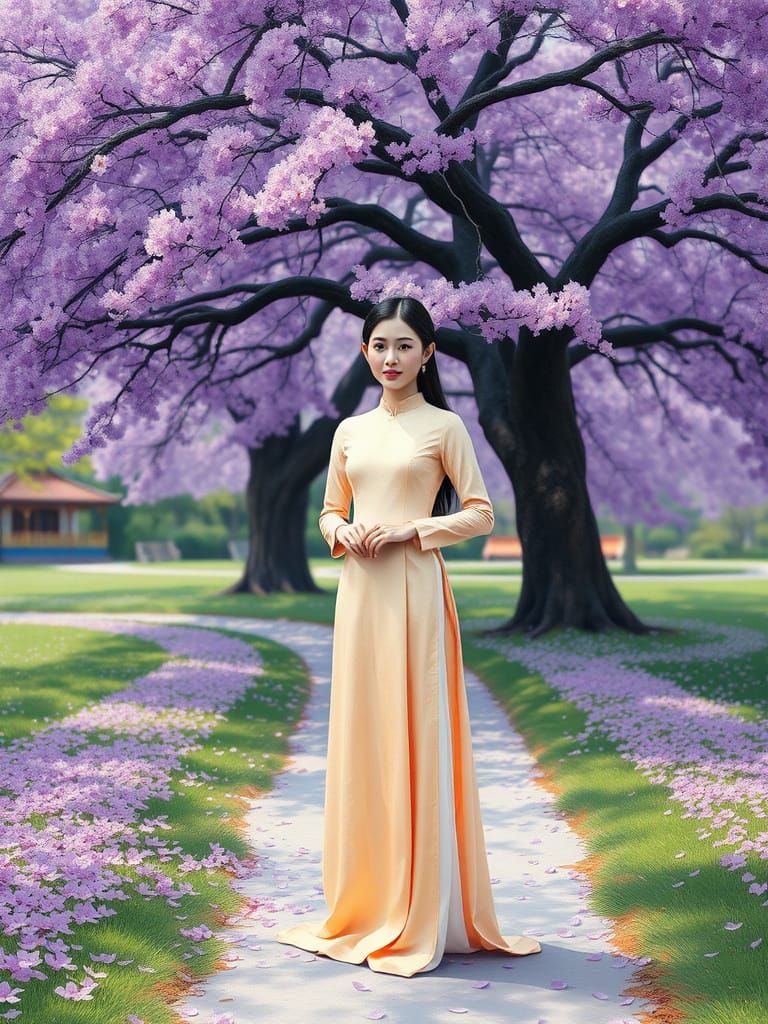 Vietnamese Woman in Spring Park: Oil Painting