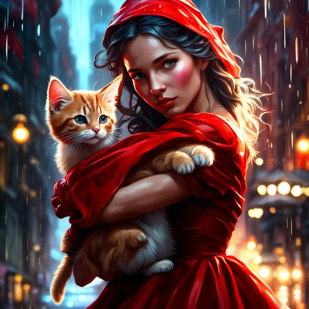 Girl Dancing in Rain with Kitten, Hyperdetailed Portrait