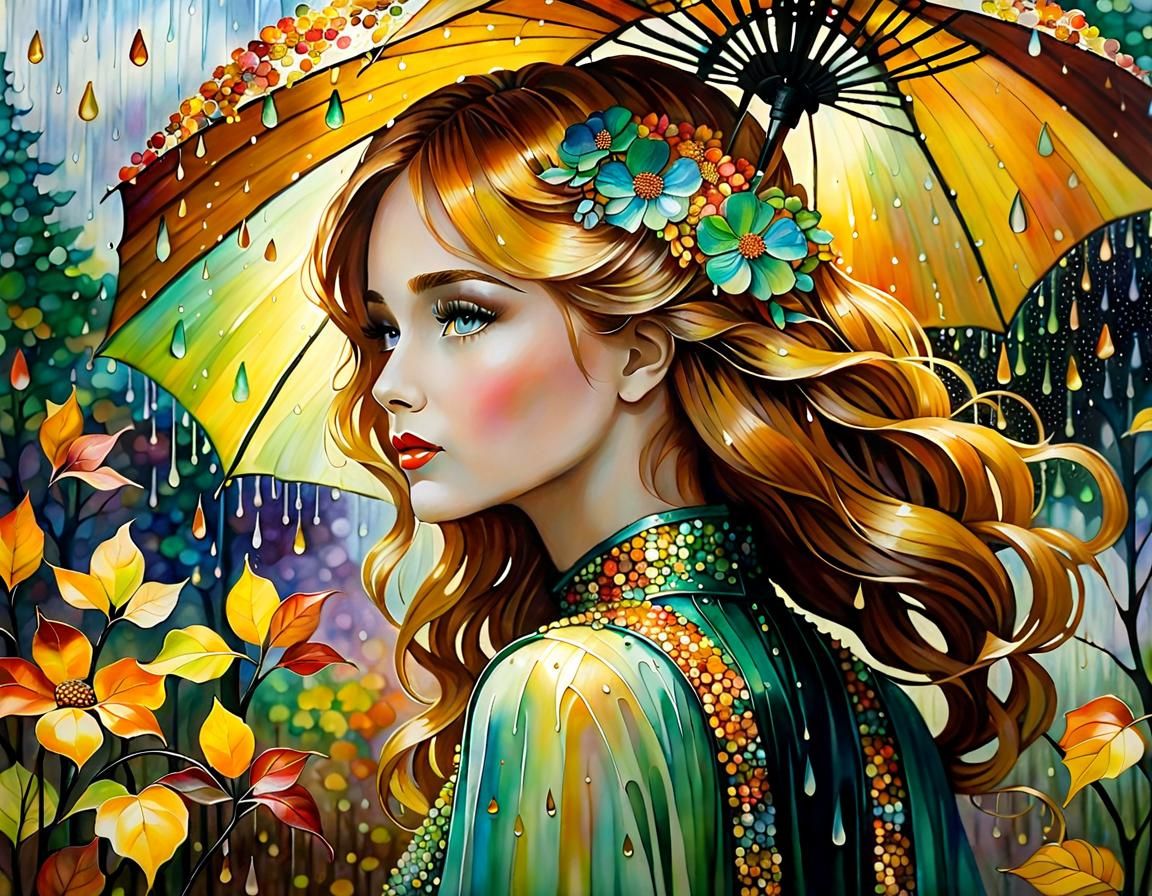 Art Deco Woman in Autumn Rain with Flowers
