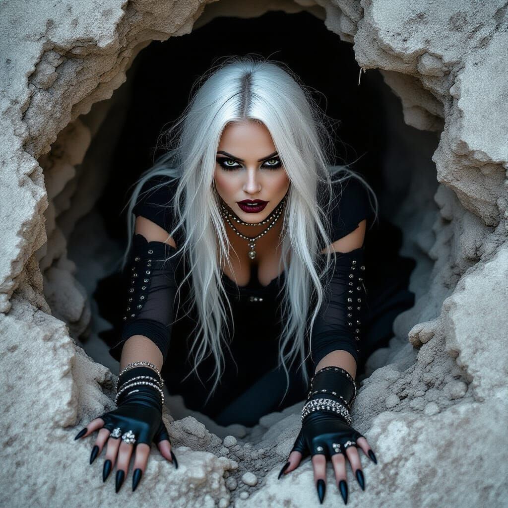 Gothic Woman Crawling from Hole in Photorealistic Style