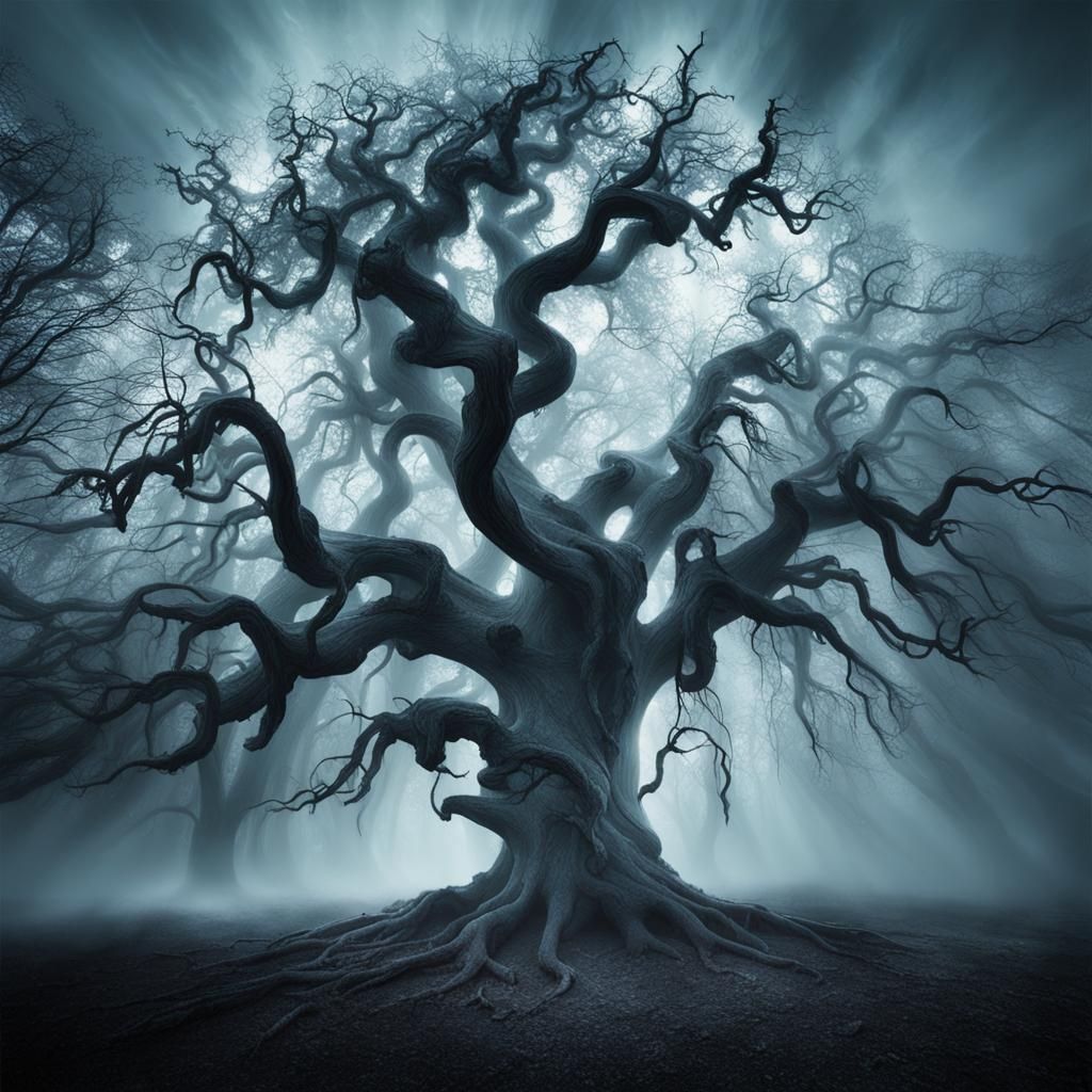 Twisted Tree Haunted by Ghostly Spirits in an Eerie, Mystica...
