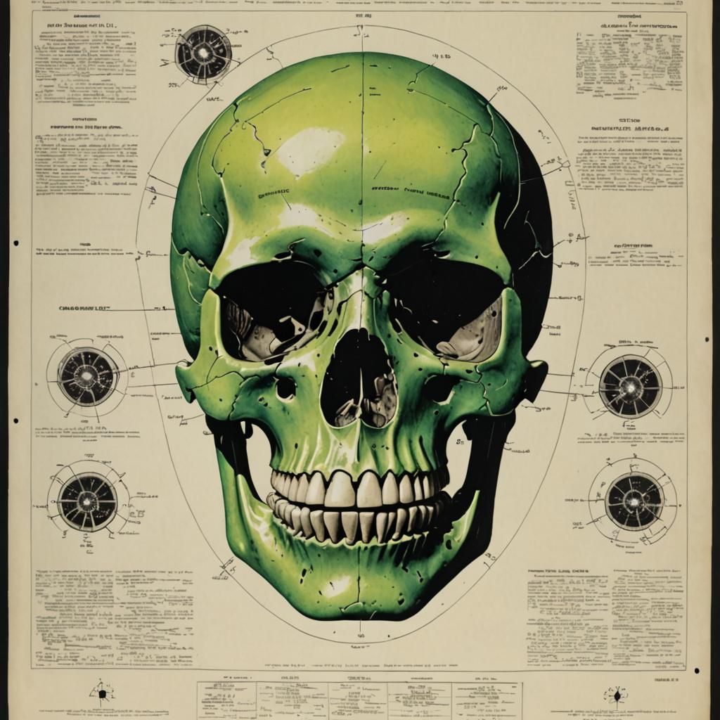Radioactive Uranium Isotope Skull: Lithographic Illustration