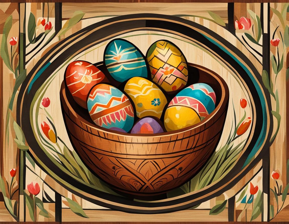 Art Deco Easter Eggs in Wooden Bowl