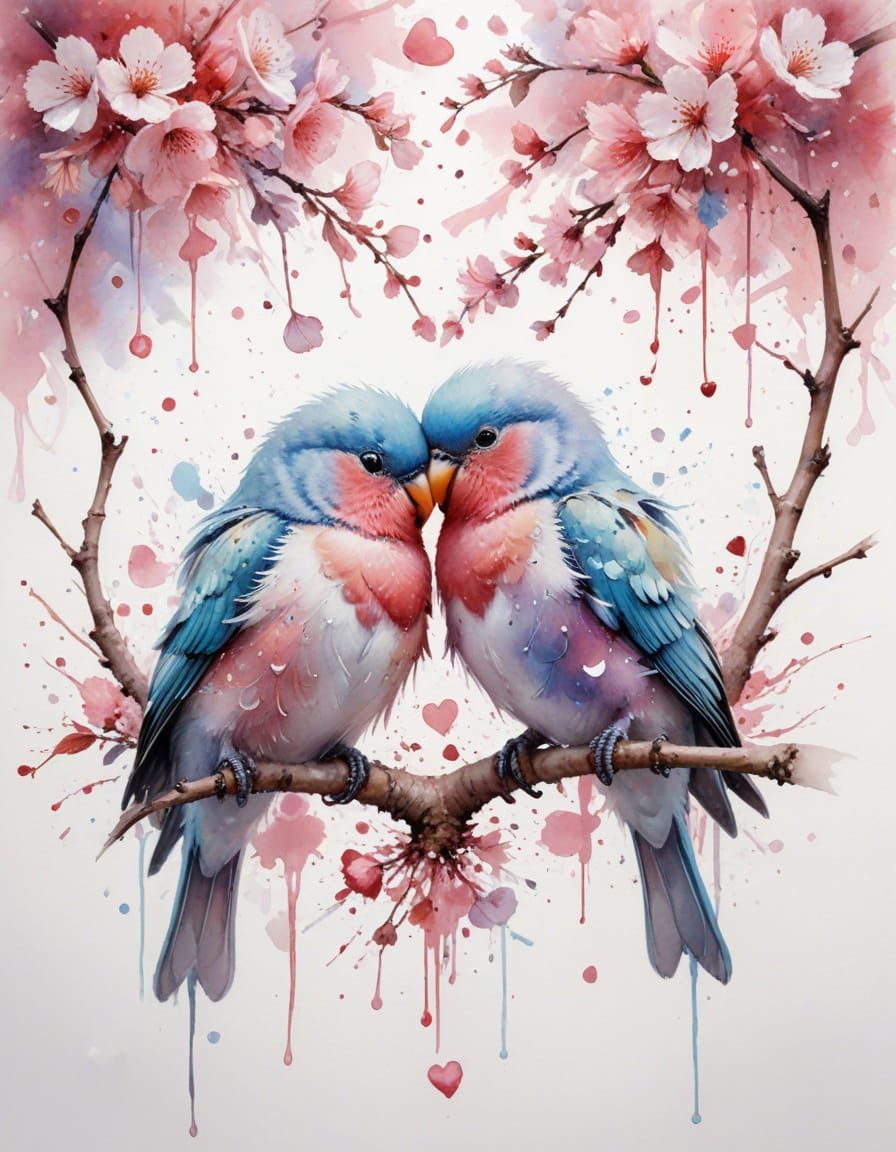 Pastel Love Birds on Cherry Branch in Watercolor Style