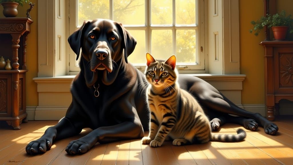 Tabby Cat and Black Labrador in Cozy Domestic Scene