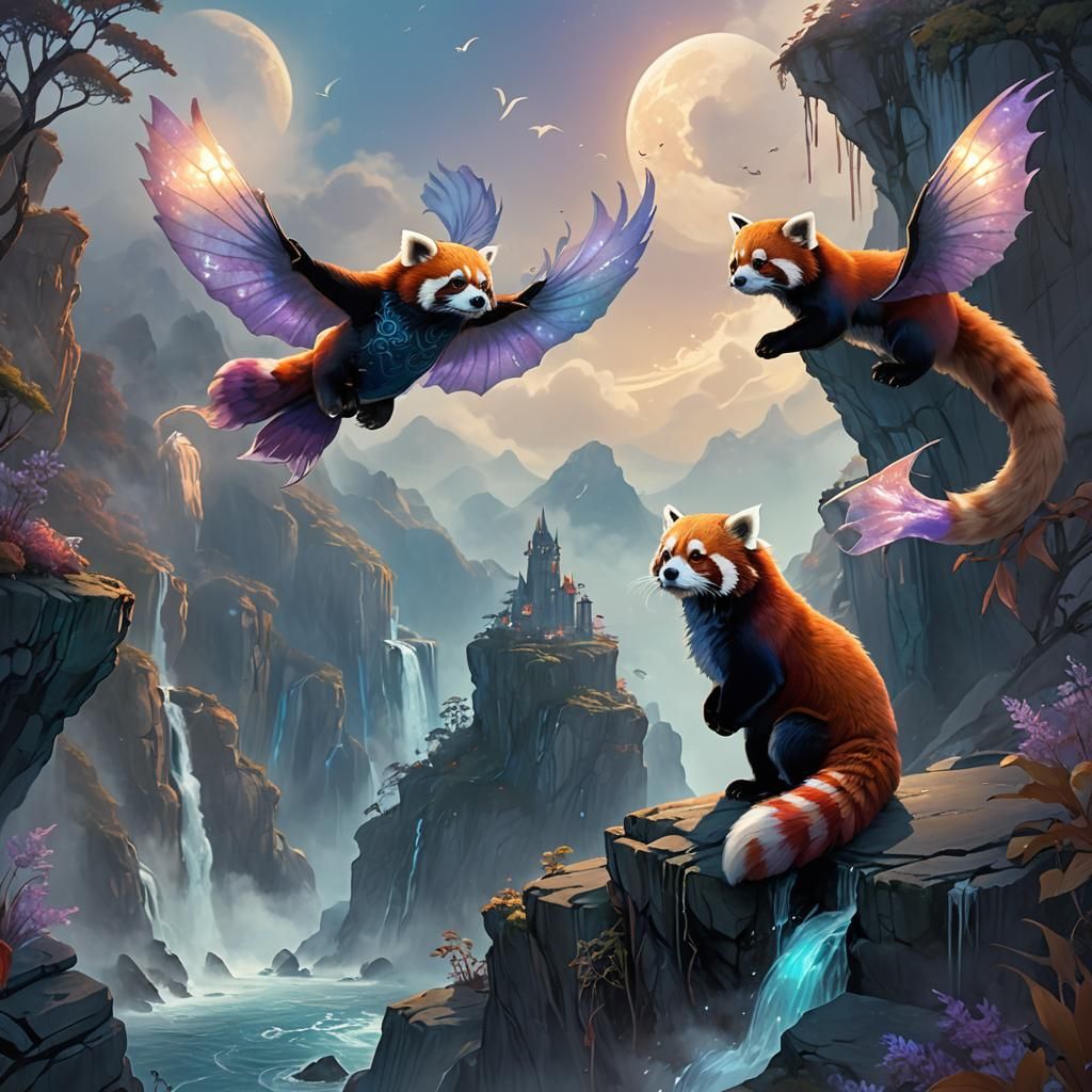 Red Panda Gryphon on Misty Cliff, Art Nouveau