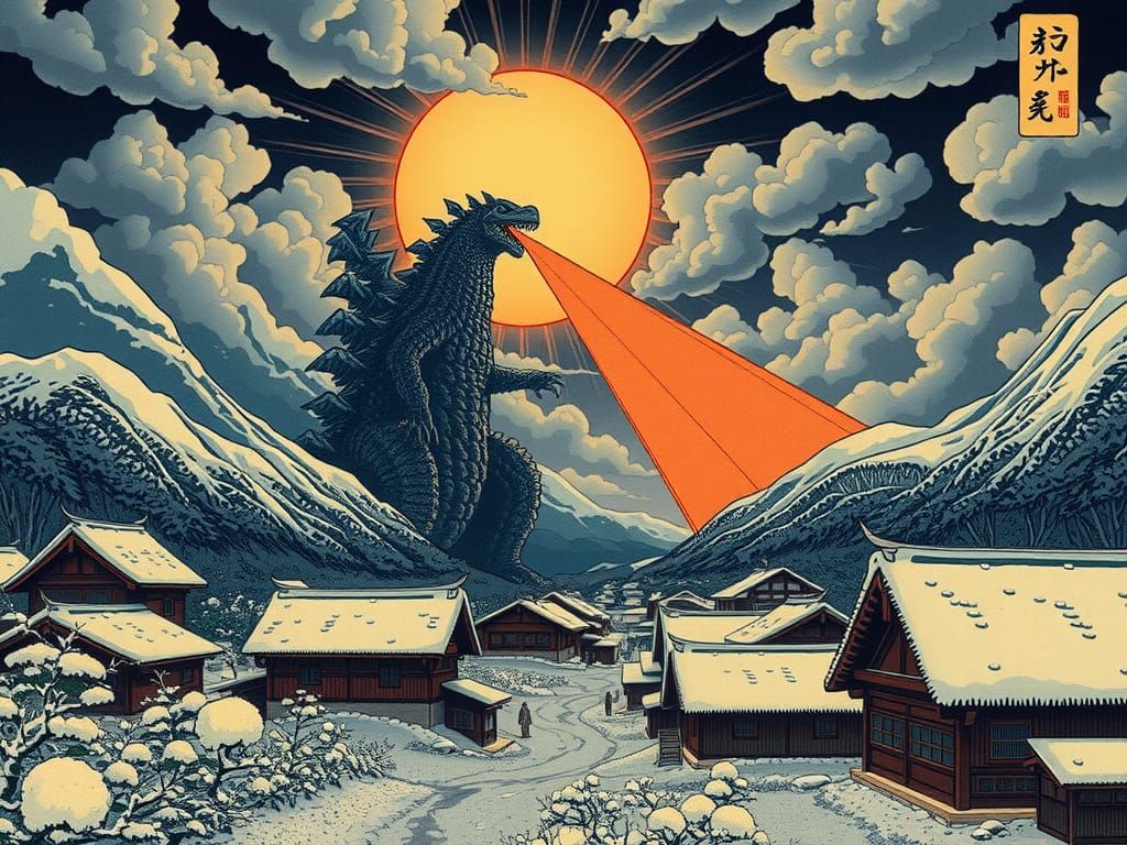 Gojira Destroys Village in Ukiyo-e Style