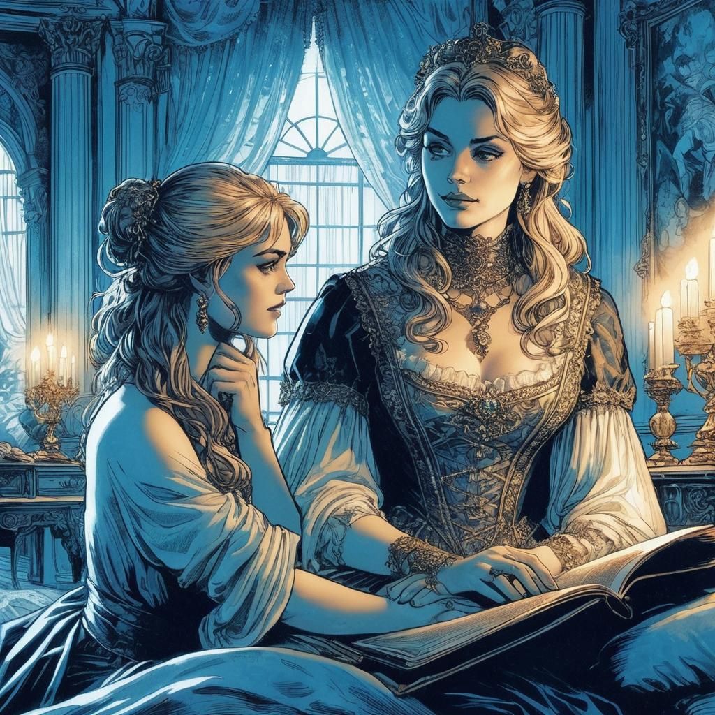 Two Women in Exquisite Bedroom in Comic Book Style