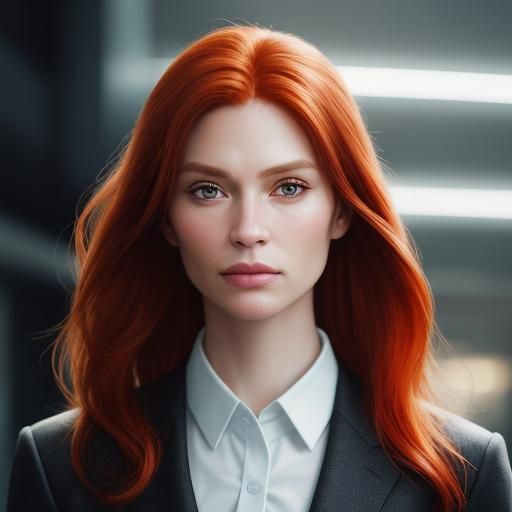 Hi-Tech Redhead Portrait in Modern Megacorporation Lobby