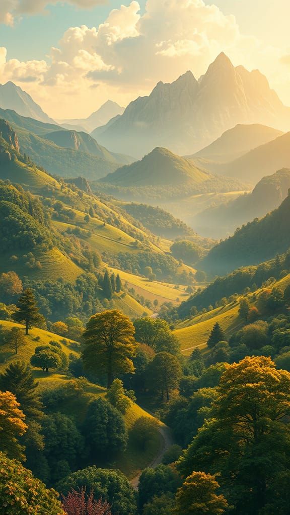 Wonderful Dreamlike World with Vibrant Rolling Hills and Maj...