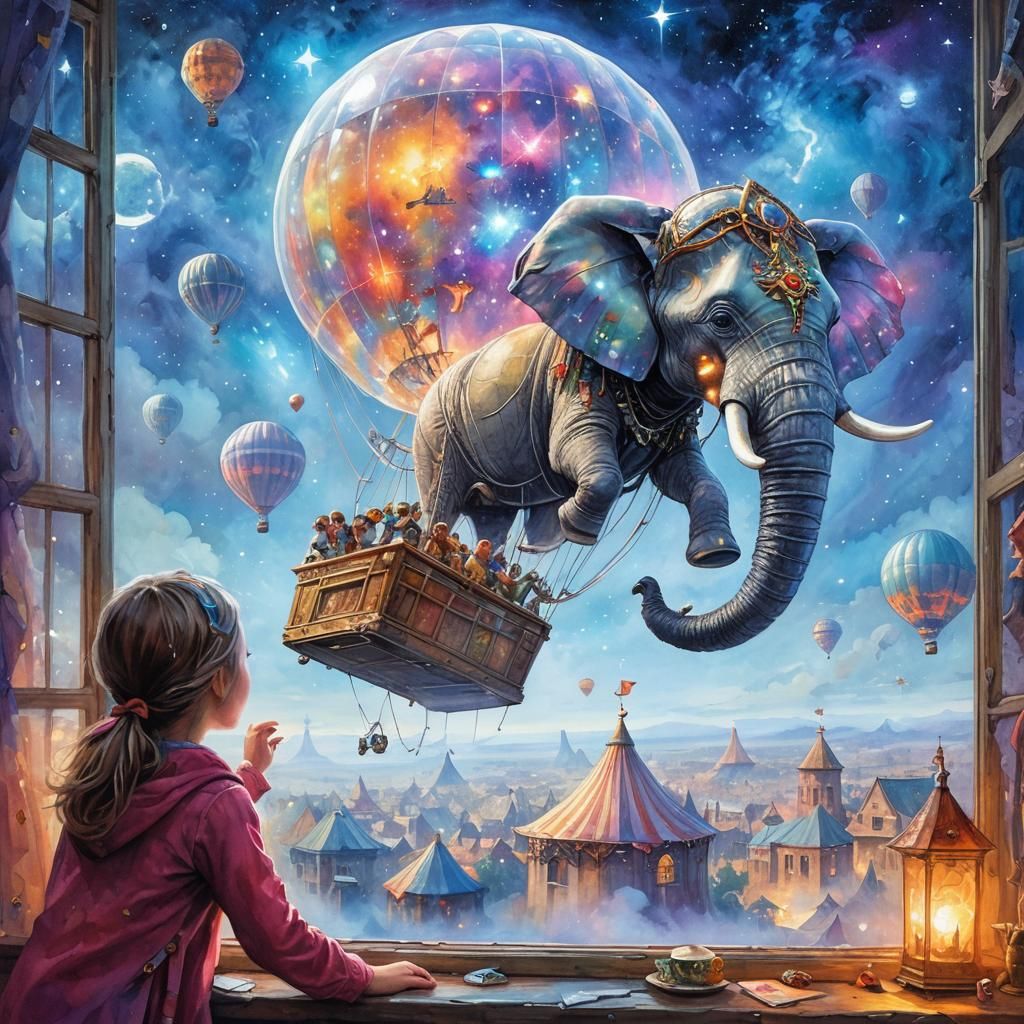 Elephant in Futuristic Hot Air Balloon