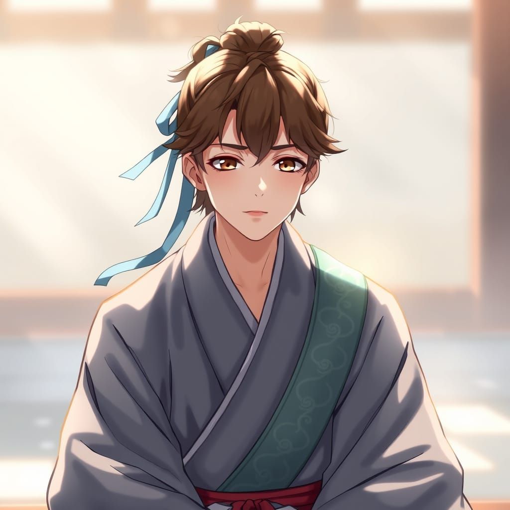 Serene Anime Youth in Traditional Gray Robe