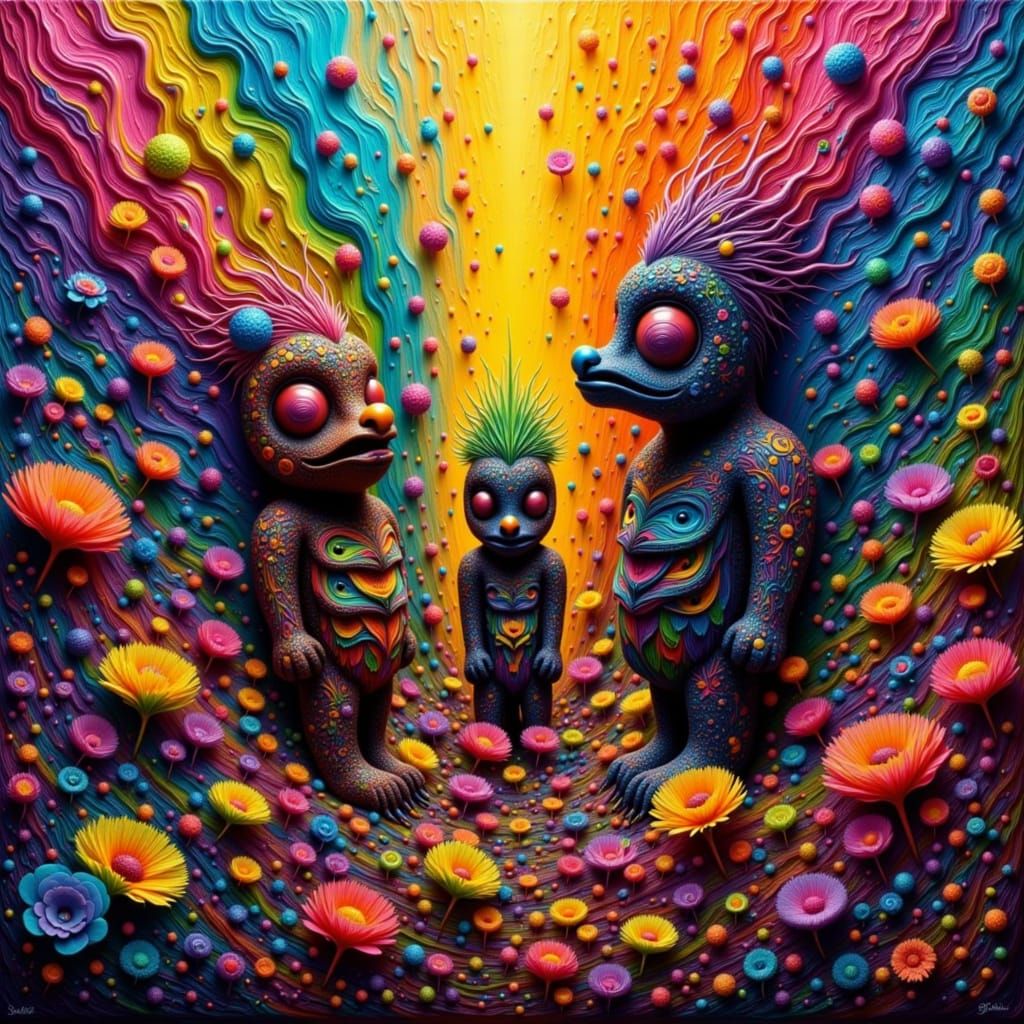 Tiki Figures Emerge From Exploding Color Swirls
