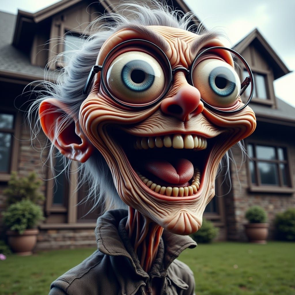 Funny Old Lady Caricature Dancing in Yard